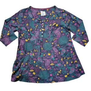 Country Rose M Purple Peacock Floral Cotton Tunic Top 3/4 Sleeve Pockets Whimsy